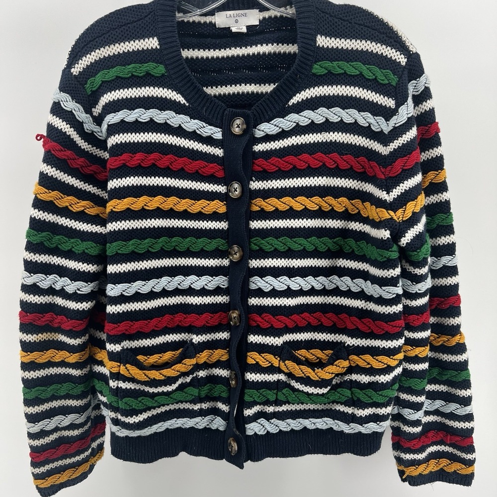 La Ligne Cardigan Sweater Womens Size XL Multicolor Striped Cropped 100%  Cotton